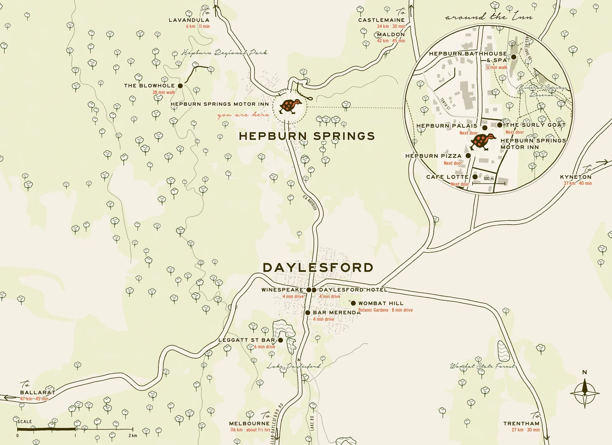 Hand drawn map of Hepburn Springs and Daylesford, with the Motor Inn marked and walking and driving times to the places listed here.